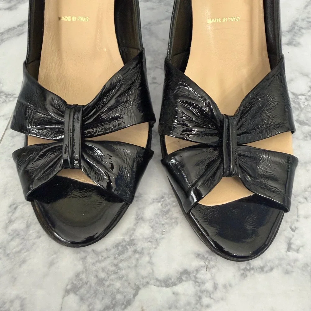 Butter Peep Toe Pumps 8.5 Black Patent Leather Knotted Bow Stiletto Italy‎